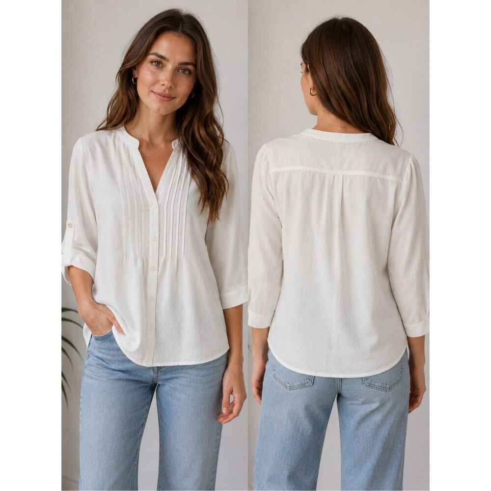 Charles Vögele White Linen Blend Pintuck Blouse Button Front  Tunic EU 46 / US L